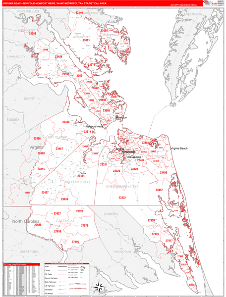 Virginia Beach-Norfolk-Newport News Metro Area Wall Map